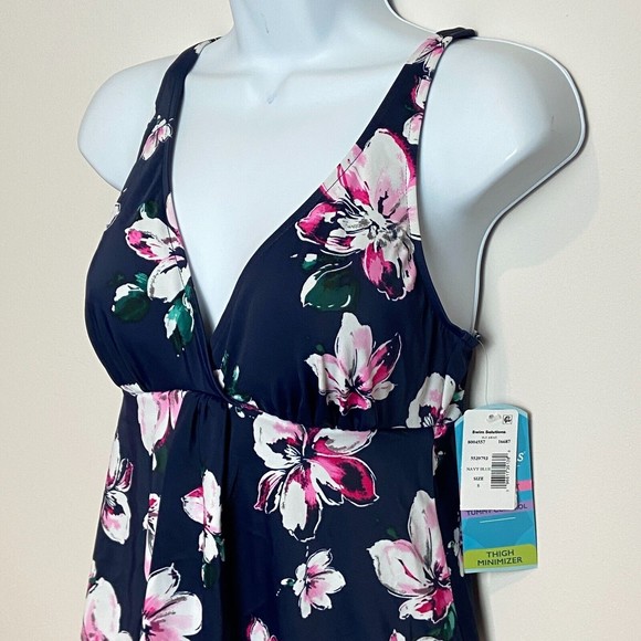 NWT Swim Solutions Modest Swim Suit Dress Thigh Minimizer Blue Floral Sz 10 - Picture 2 of 7